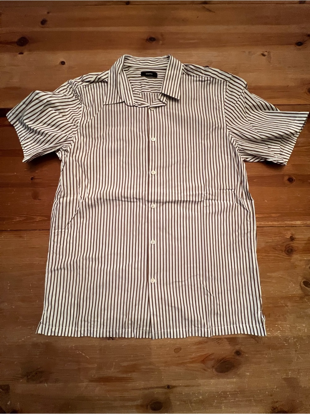 Men's Theory Short-Sleeve Striped Button-Up Shirt - White & Brown size Large